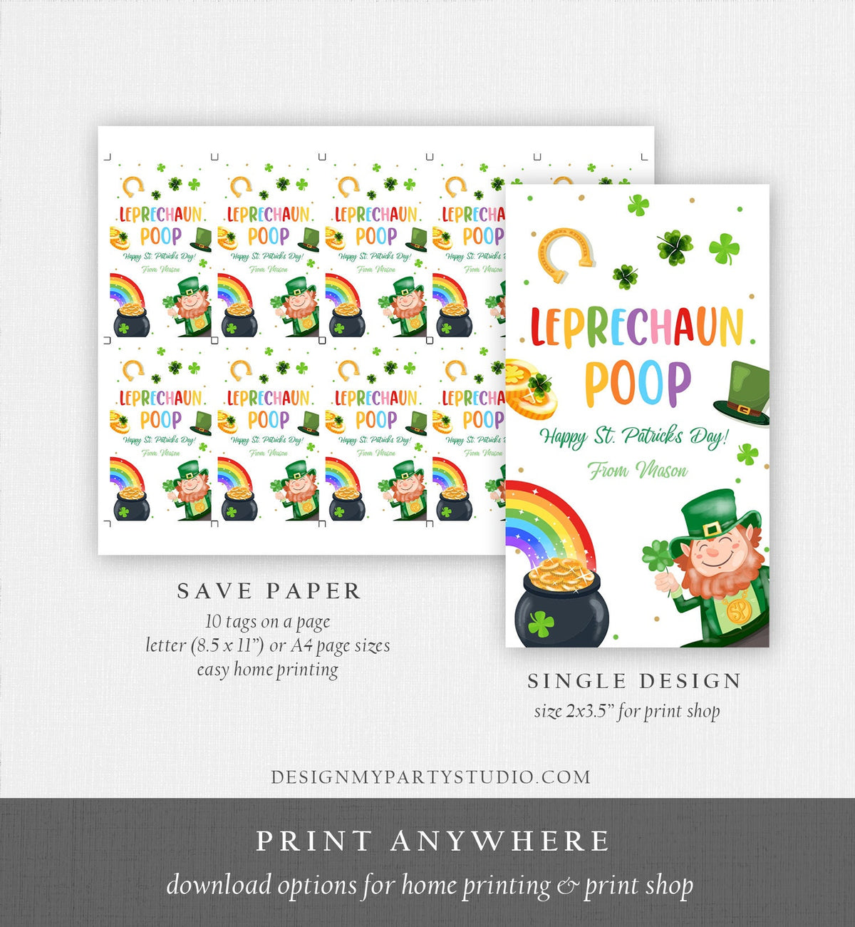 Editable St. Patrick&#39;s Day Tag Leprechaun Poop Tag Lucky Teacher School Kids Classroom Rainbow Gold Shamrock Digital Template Printable 0451