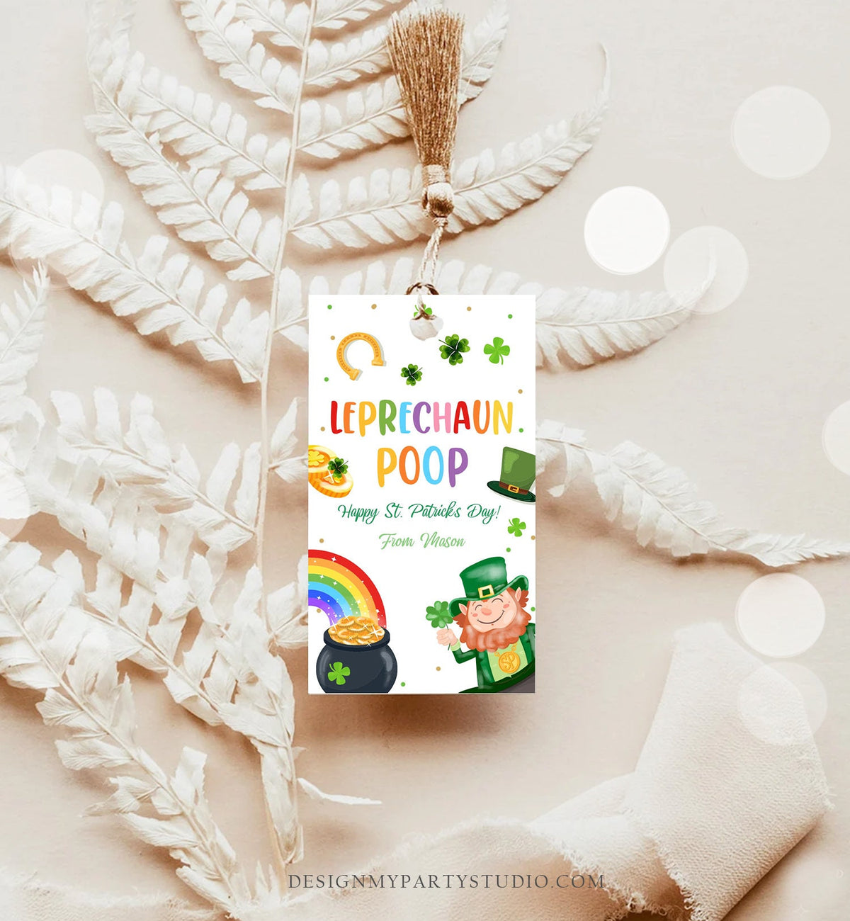 Editable St. Patrick&#39;s Day Tag Leprechaun Poop Tag Lucky Teacher School Kids Classroom Rainbow Gold Shamrock Digital Template Printable 0451