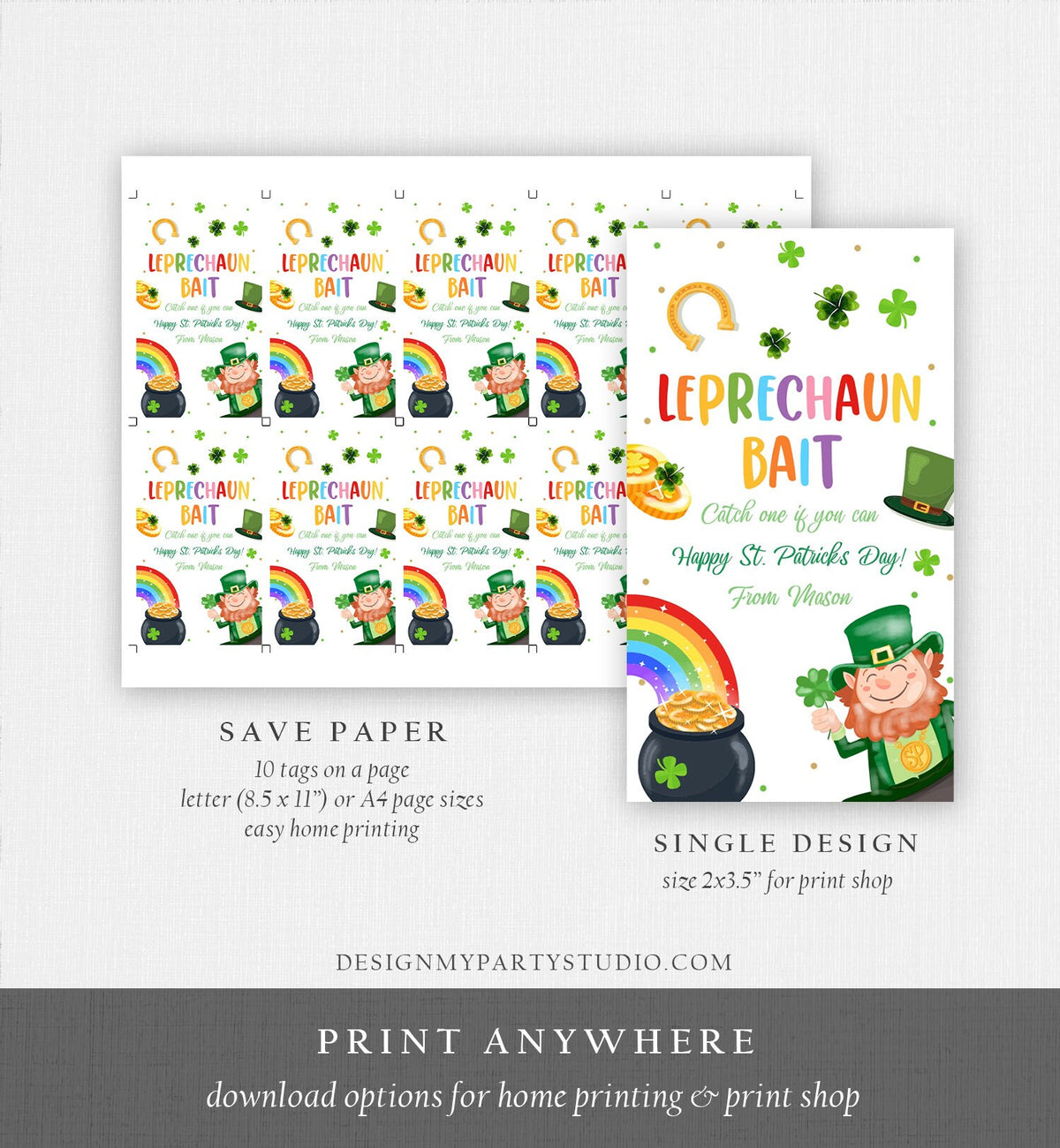 Editable St. Patrick&#39;s Day Tag Leprechaun Bait Tag Lucky Teacher School Kids Classroom Rainbow Gold Shamrock Digital Template Corjl 0451
