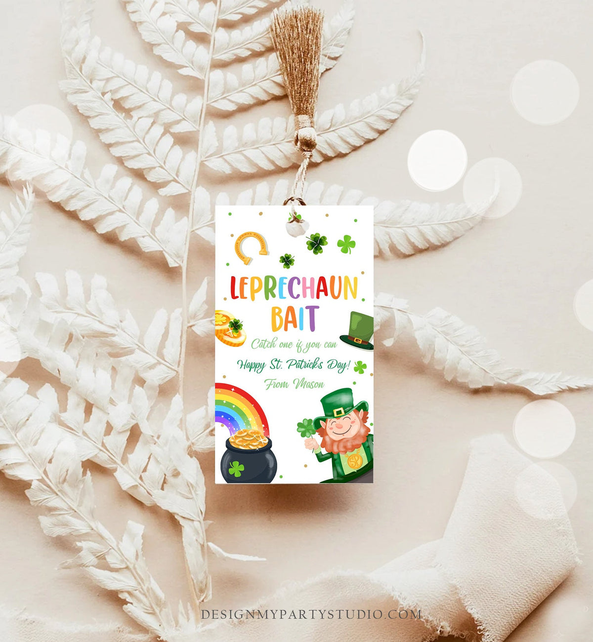 Editable St. Patrick&#39;s Day Tag Leprechaun Bait Tag Lucky Teacher School Kids Classroom Rainbow Gold Shamrock Digital Template Corjl 0451