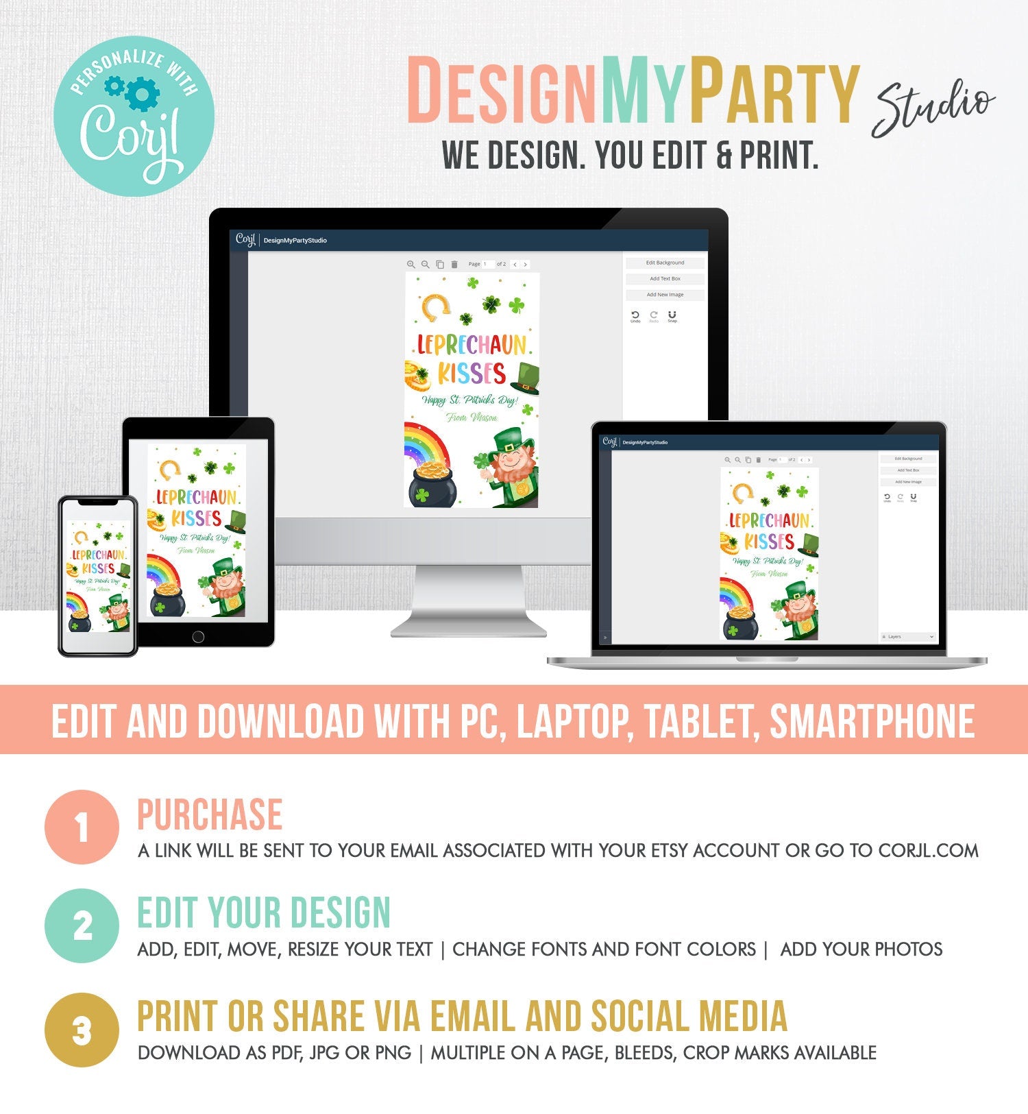 Editable St. Patrick's Day Tag Leprechaun Kisses Tag Lucky Teacher School Kids Classroom Rainbow Gold Shamrock Digital Template Corjl 0451