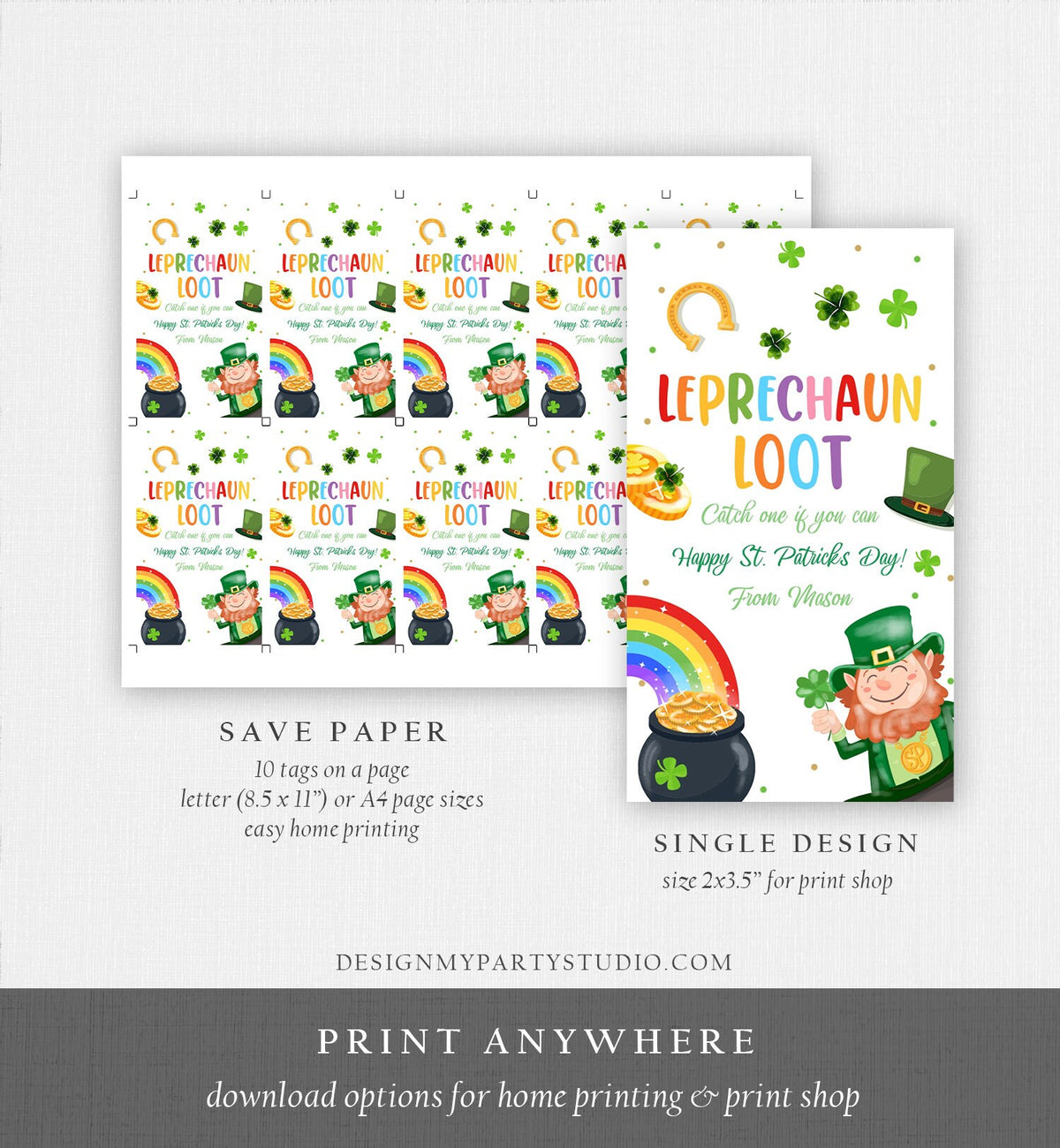 Editable St. Patrick&#39;s Day Tag Leprechaun Loot Tag Lucky Teacher School Kids Classroom Rainbow Gold Shamrock Digital Template Printable 0451