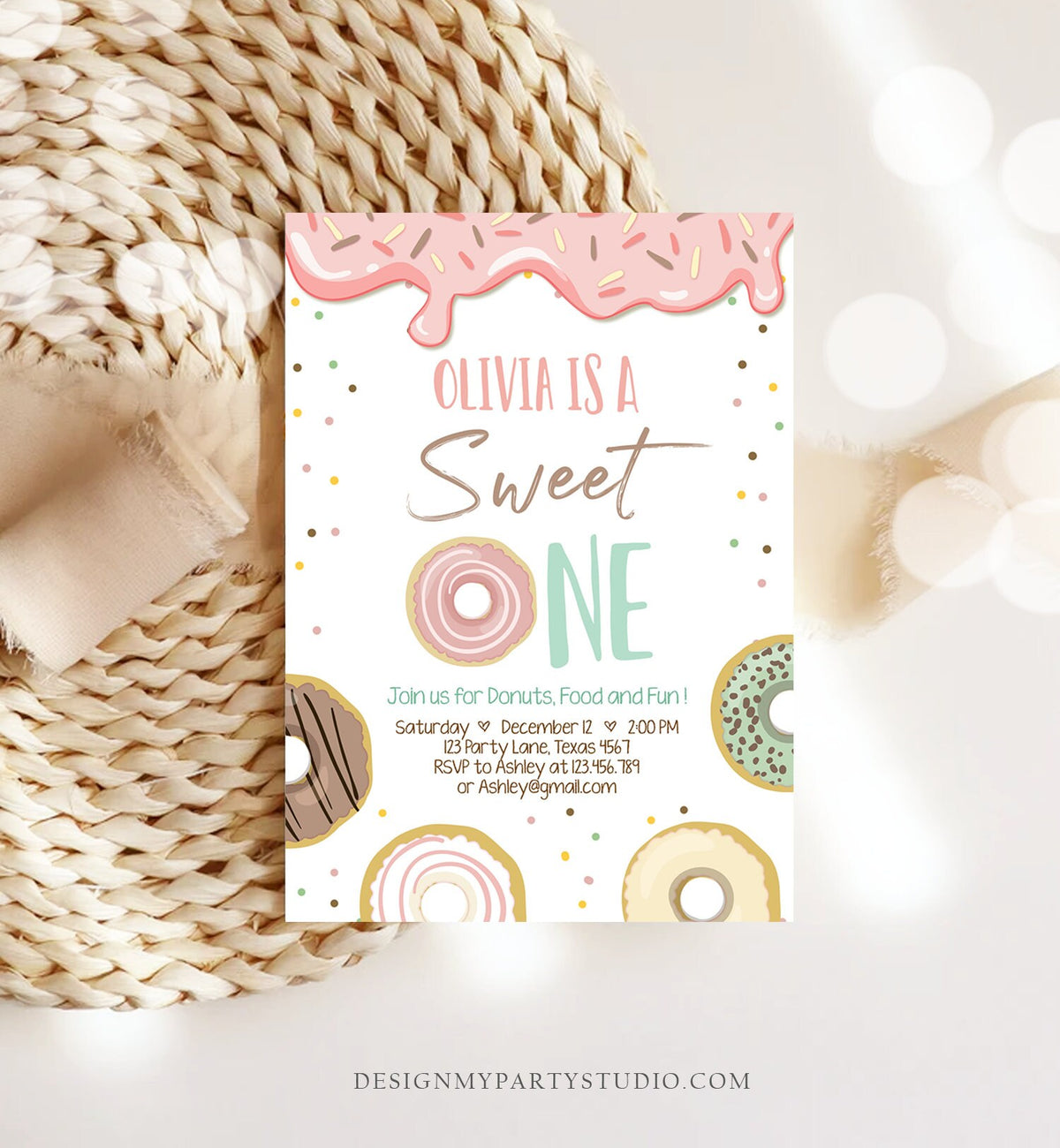 Editable Donut Sweet One Birthday Invitation First 1st Birthday Party Pink Girl Sweet Party Digital Download Printable Template Corjl 0320