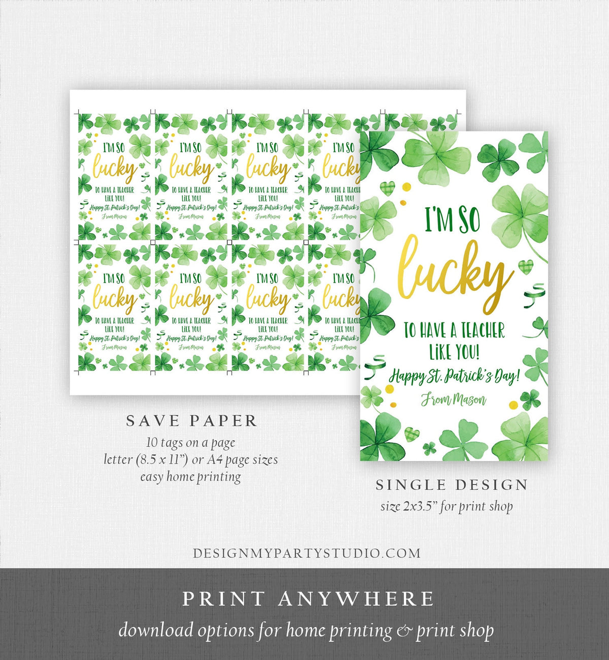Editable St. Patrick&#39;s Day Tag Teacher Appreciation Tags Lucky To Have a Teacher Like You School Staff Gift Tag Clovers Template Corjl 0451