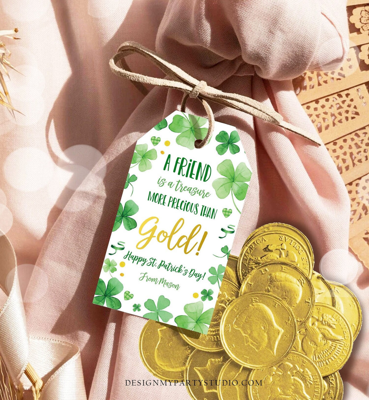 Editable St. Patrick&#39;s Day Tag A Friend Is A Treasure More Precious Than Gold School Gift Classmate Teammate Digital Template Printable 0451