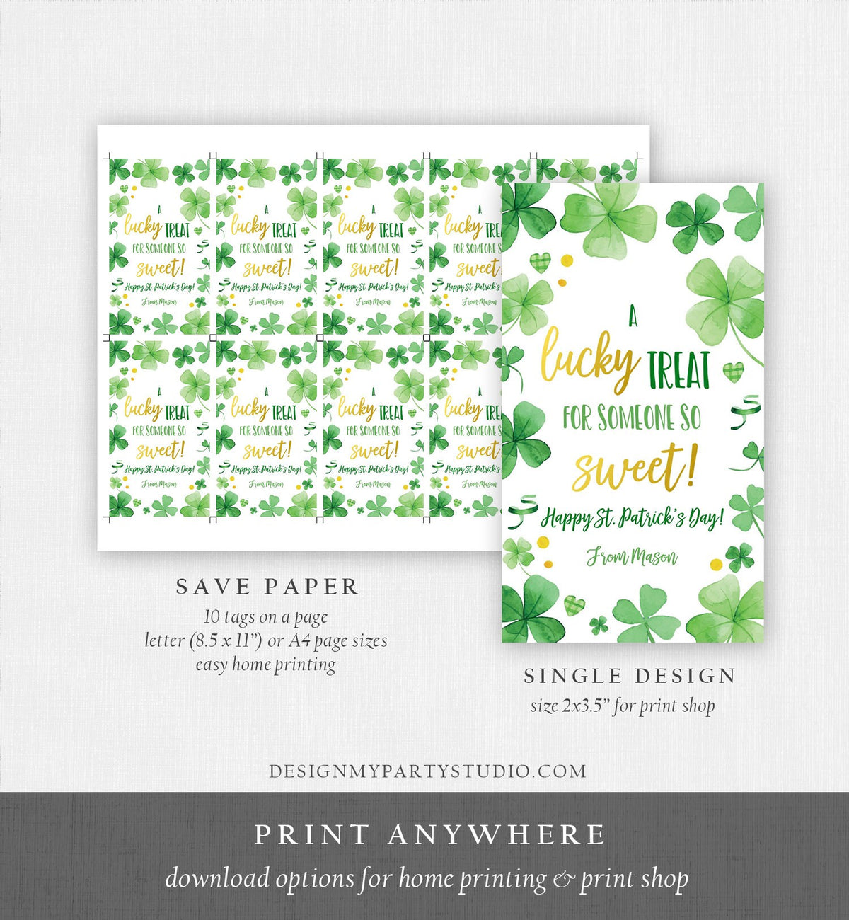Editable St. Patrick&#39;s Day Tag Lucky Treat for Someone Sweet Friend School Classroom Gift Classmate Shamrock Digital Template Printable 0451