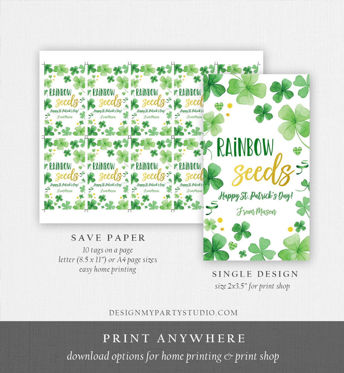 Editable St. Patrick&#39;s Day Tag Rainbow Seeds Tag Treat Favor Tag Friend School Classroom Gift Clovers Shamrock Teacher Template Corjl 0451