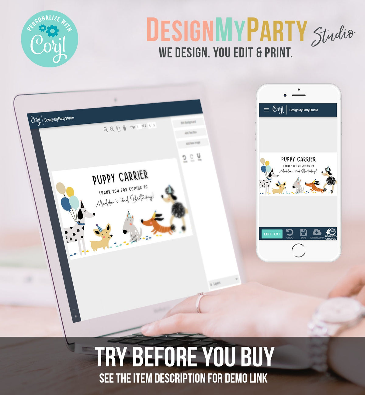 Editable Puppy Carrier Box Favor Label Puppy Birthday Favor Box Label Boy Blue Adopt a Puppy Pet Pawty Digital Download Printable Corjl 0429