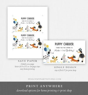 Editable Puppy Carrier Box Favor Label Puppy Birthday Favor Box Label Boy Blue Adopt a Puppy Pet Pawty Digital Download Printable Corjl 0429