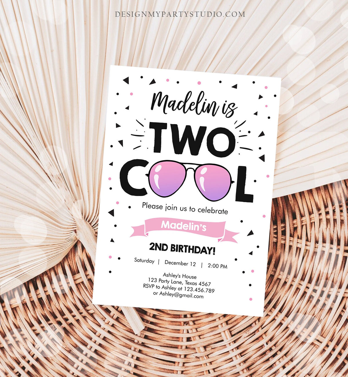 Editable Two Cool Birthday Invitation Girl Second Birthday Party 2nd I&#39;m this Many I&#39;m Two Cool Sunglasses Digital Template Printable 0136