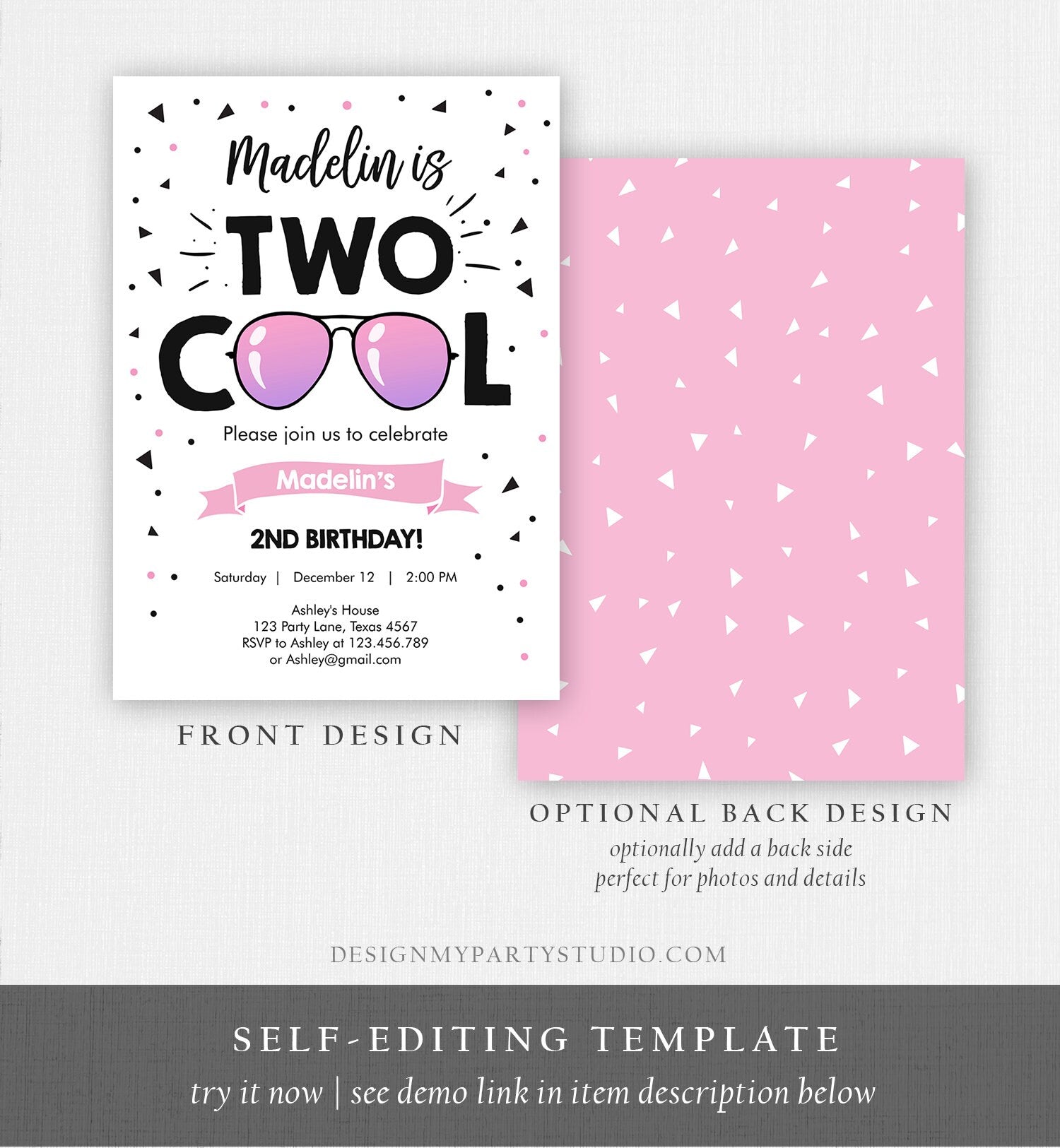 Editable Two Cool Birthday Invitation Girl Second Birthday Party 2nd I'm this Many I'm Two Cool Sunglasses Digital Template Printable 0136
