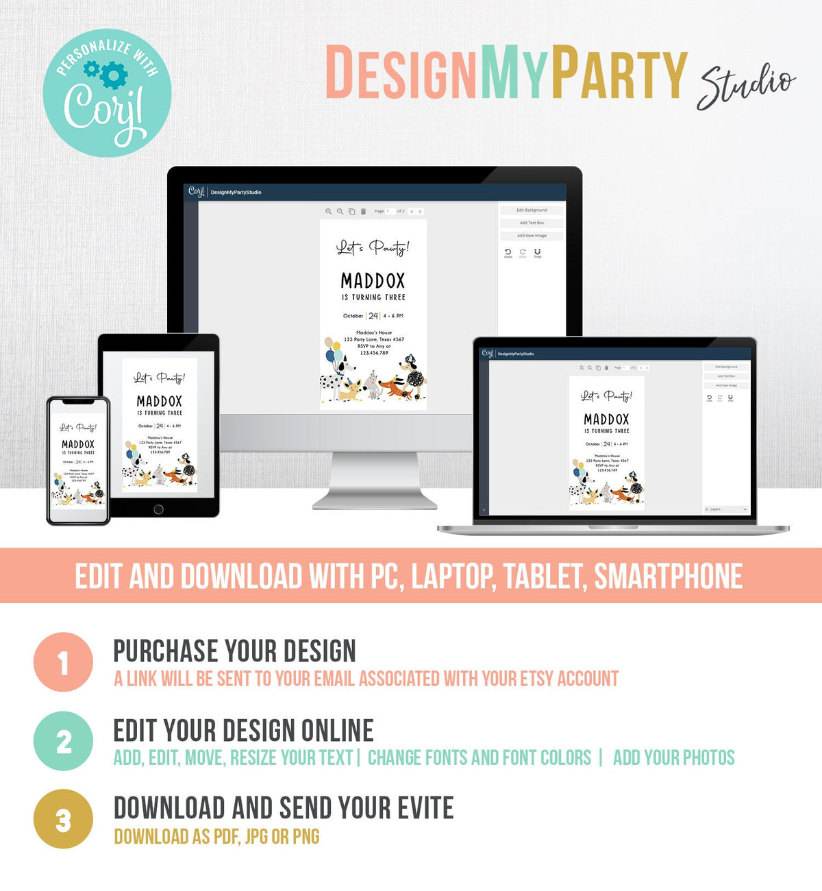 Editable Dog Birthday Party Evite Puppy Birthday Invitation Blue Boy Pawty Birthday Animal Electronic Digital Download Phone Template 0429