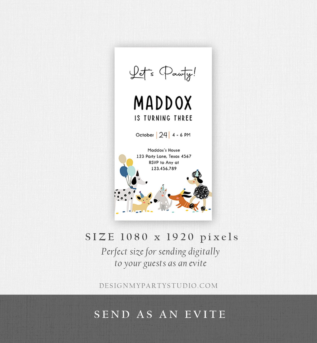 Editable Dog Birthday Party Evite Puppy Birthday Invitation Blue Boy Pawty Birthday Animal Electronic Digital Download Phone Template 0429