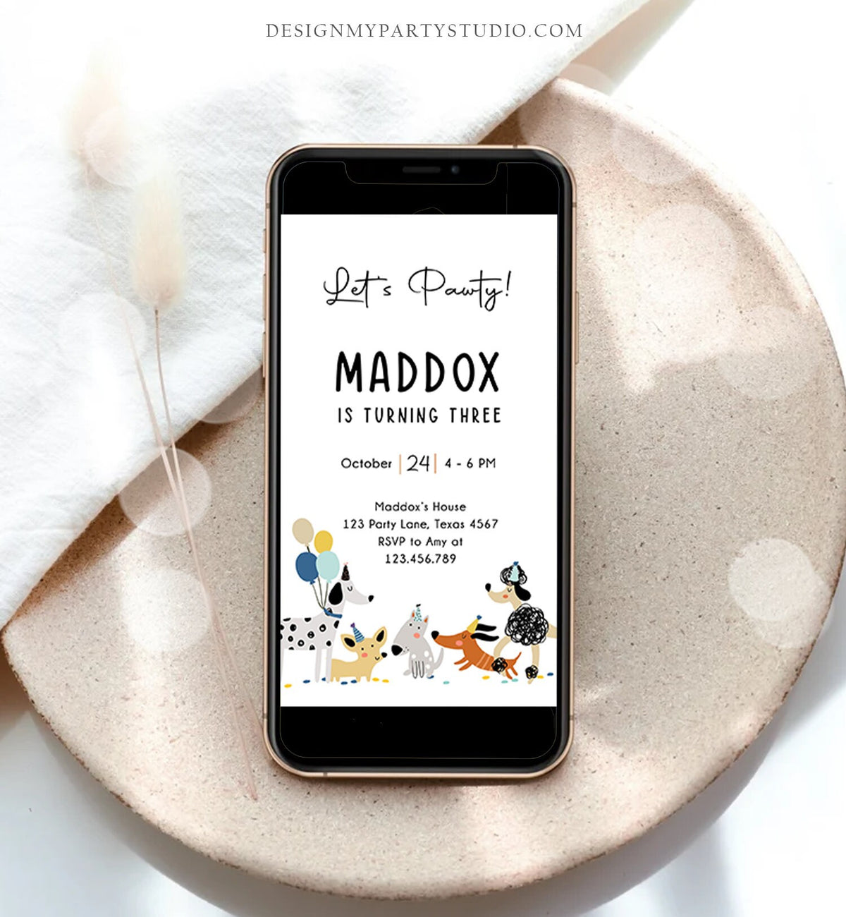 Editable Dog Birthday Party Evite Puppy Birthday Invitation Blue Boy Pawty Birthday Animal Electronic Digital Download Phone Template 0429