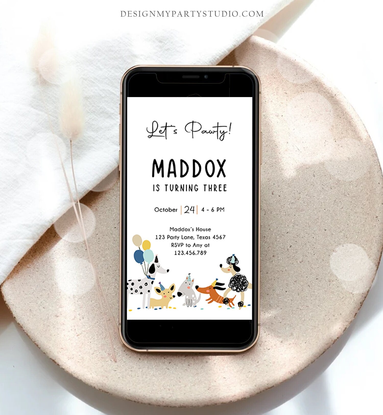 Editable Dog Birthday Party Evite Puppy Birthday Invitation Blue Boy Pawty Birthday Animal Electronic Digital Download Phone Template 0429