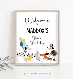 Editable Puppy Dog Birthday Party Welcome Sign Puppy Birthday Pet Dog Simple Modern Birthday Pawty Boy Blue Template Corjl PRINTABLE 0429