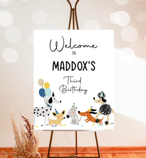 Editable Puppy Dog Birthday Party Welcome Sign Puppy Birthday Pet Dog Simple Modern Birthday Pawty Boy Blue Template Corjl PRINTABLE 0429