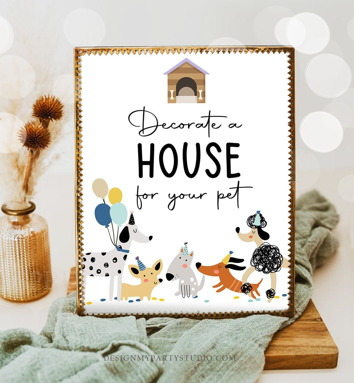 Decorate a Pet House Sign Puppy Birthday Sign Table Decor Dog Birthday Party Blue Boy Sign Puppy House Pawty Decor Download Printable 0429