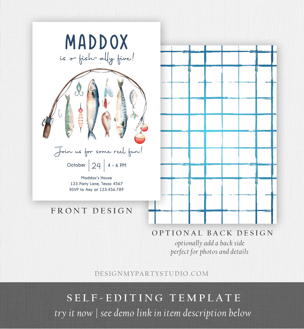 Editable Fishing Birthday Invitation Fishing Party O-Fish-Ally The Big One Gone Fishing Blue Boy Download Printable Template Corjl 0454