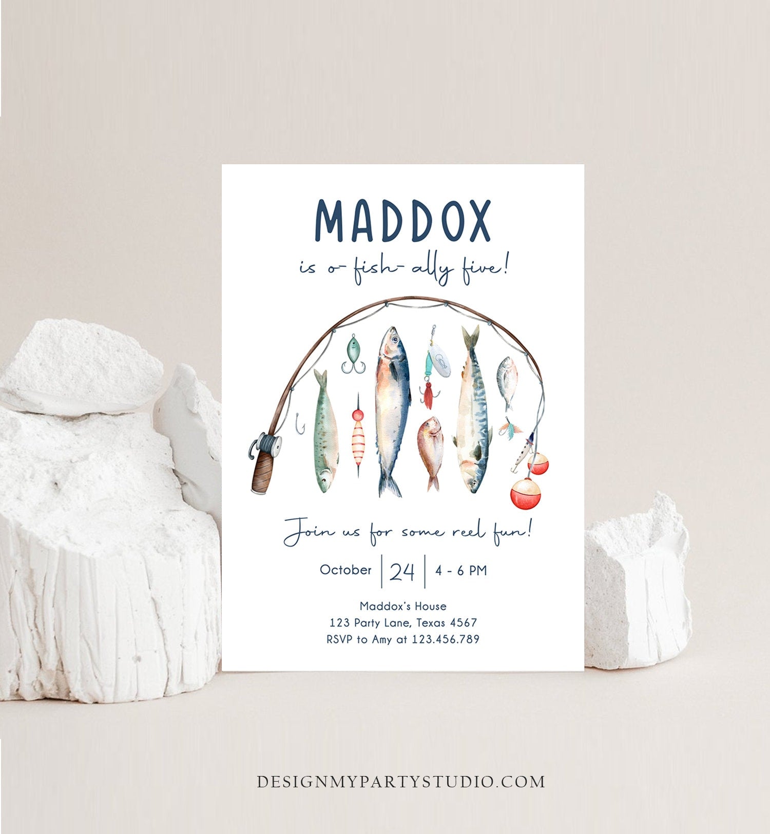 Editable Fishing Birthday Invitation Fishing Party O-Fish-Ally The Big One Gone Fishing Blue Boy Download Printable Template Corjl 0454