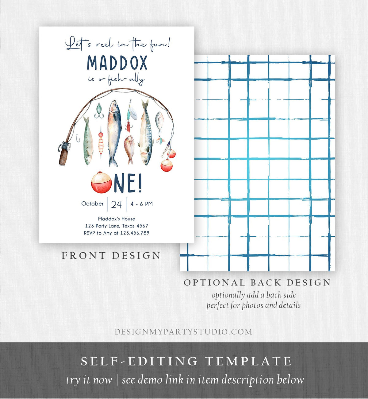 Editable Fishing Birthday Invitation Fishing Party O-Fish-Ally The Big One Gone Fishing Blue Boy Download Printable Template Corjl 0454