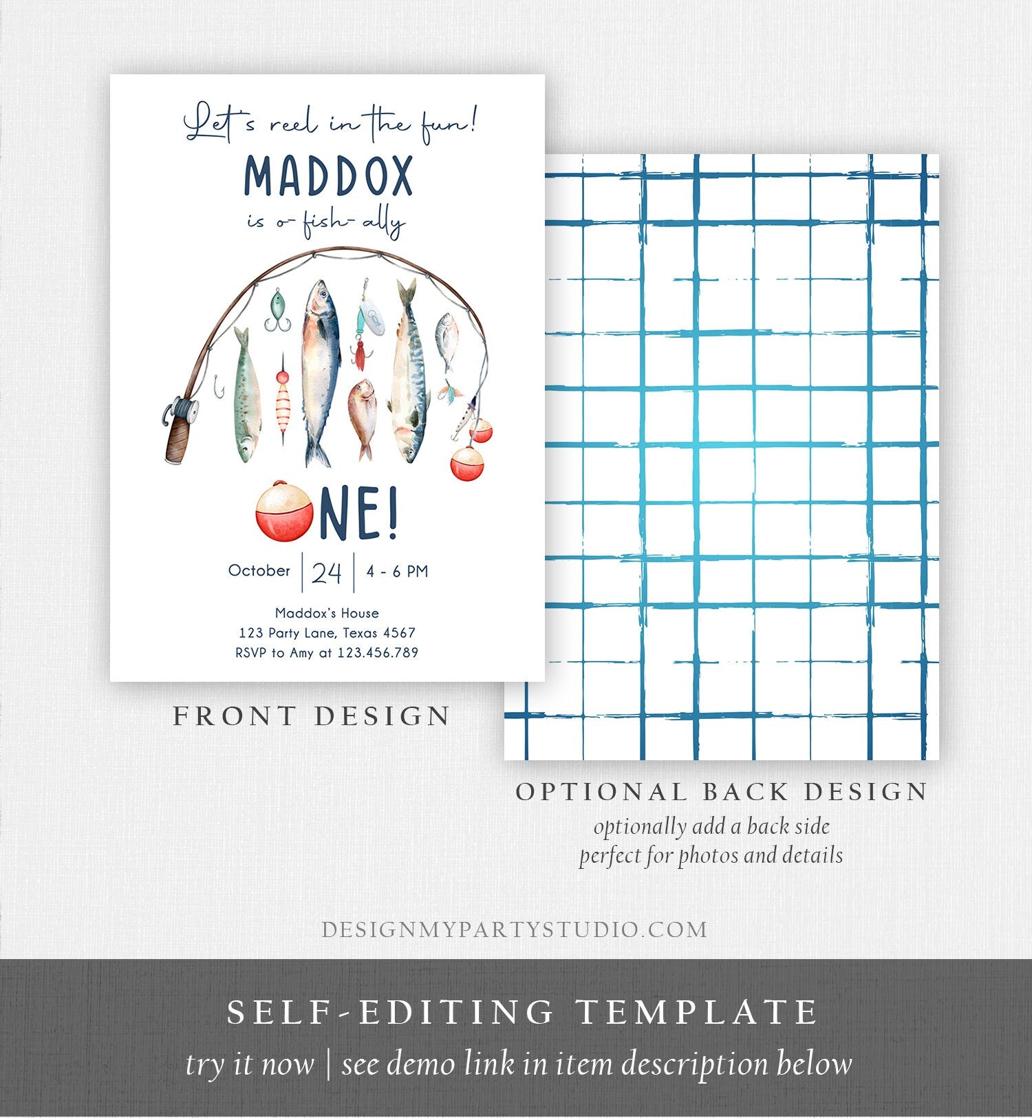 Editable Fishing Birthday Invitation Fishing Party O-Fish-Ally The Big One Gone Fishing Blue Boy Download Printable Template Corjl 0454