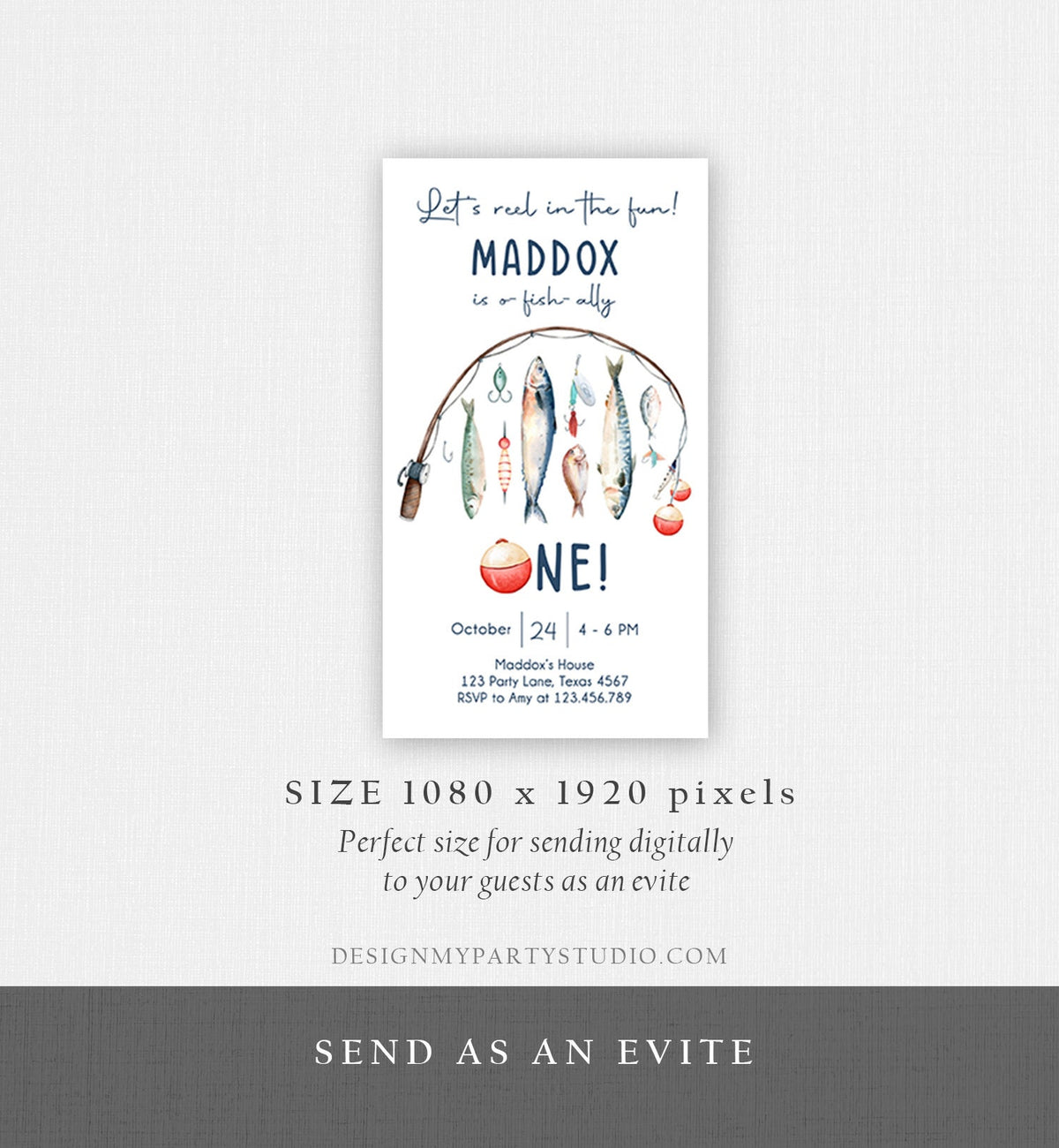 Editable Fishing Birthday Evite Fishing Party O-Fish-Ally The Big One Gone Fishing Blue Boy Download Electronic Phone Template Corjl 0454