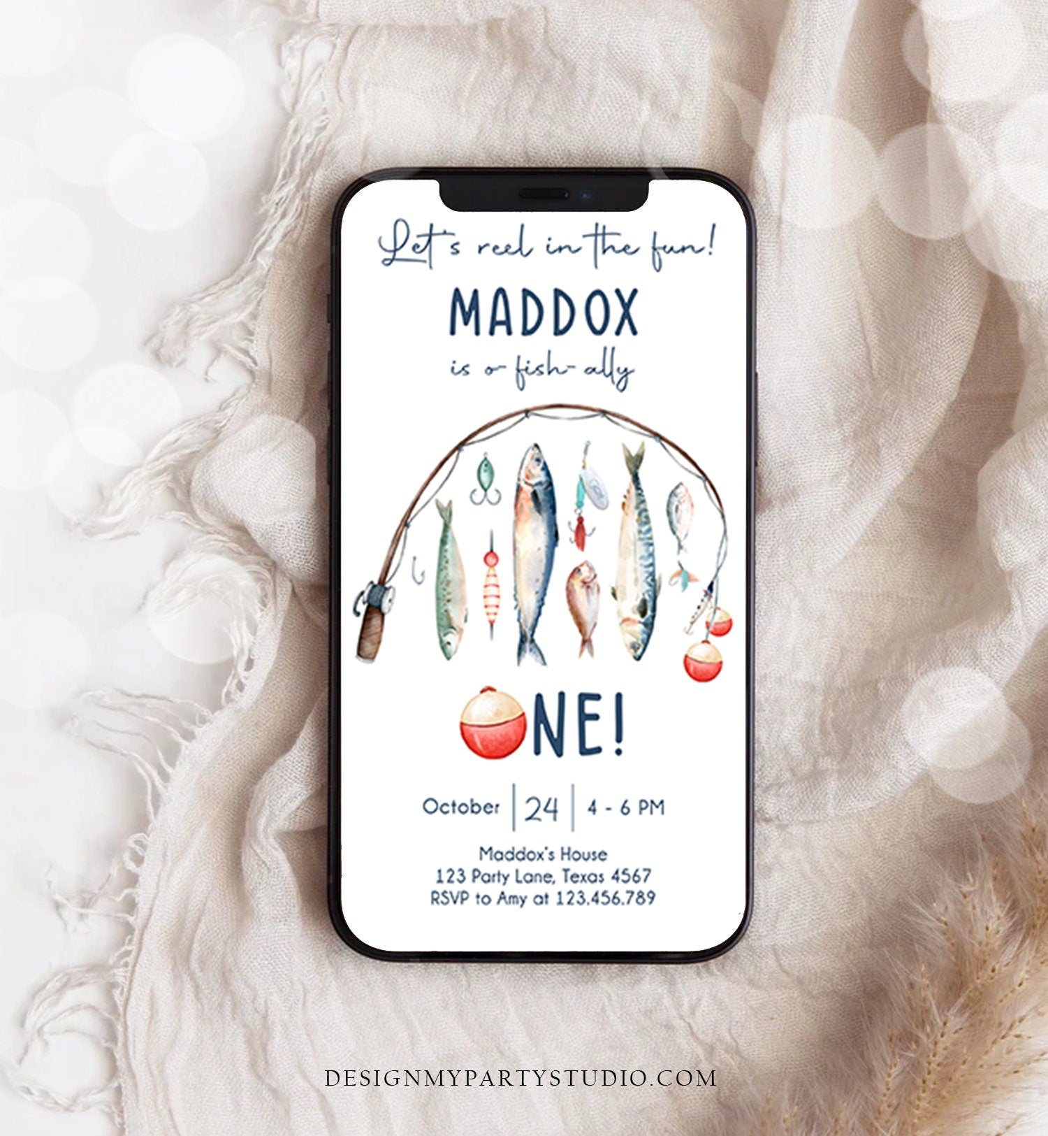 Editable Fishing Birthday Evite Fishing Party O-Fish-Ally The Big One Gone Fishing Blue Boy Download Electronic Phone Template Corjl 0454