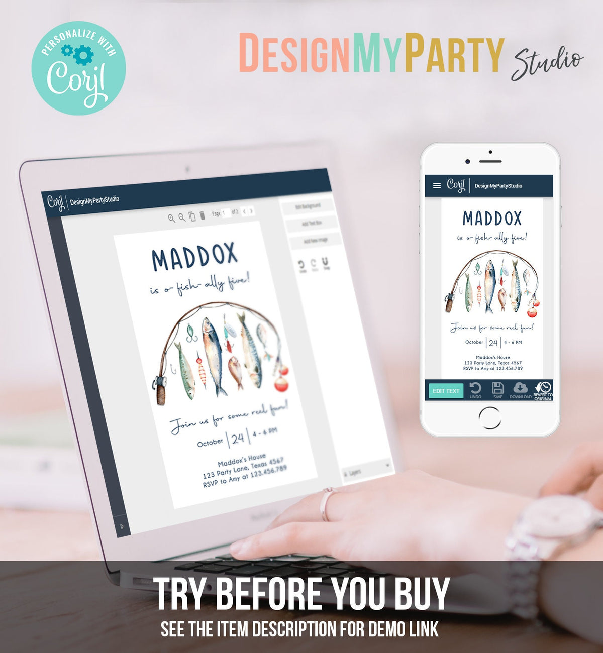 Editable Fishing Birthday Evite Fishing Party O-Fish-Ally The Big One Gone Fishing Blue Boy Download Electronic Phone Template Corjl 0454