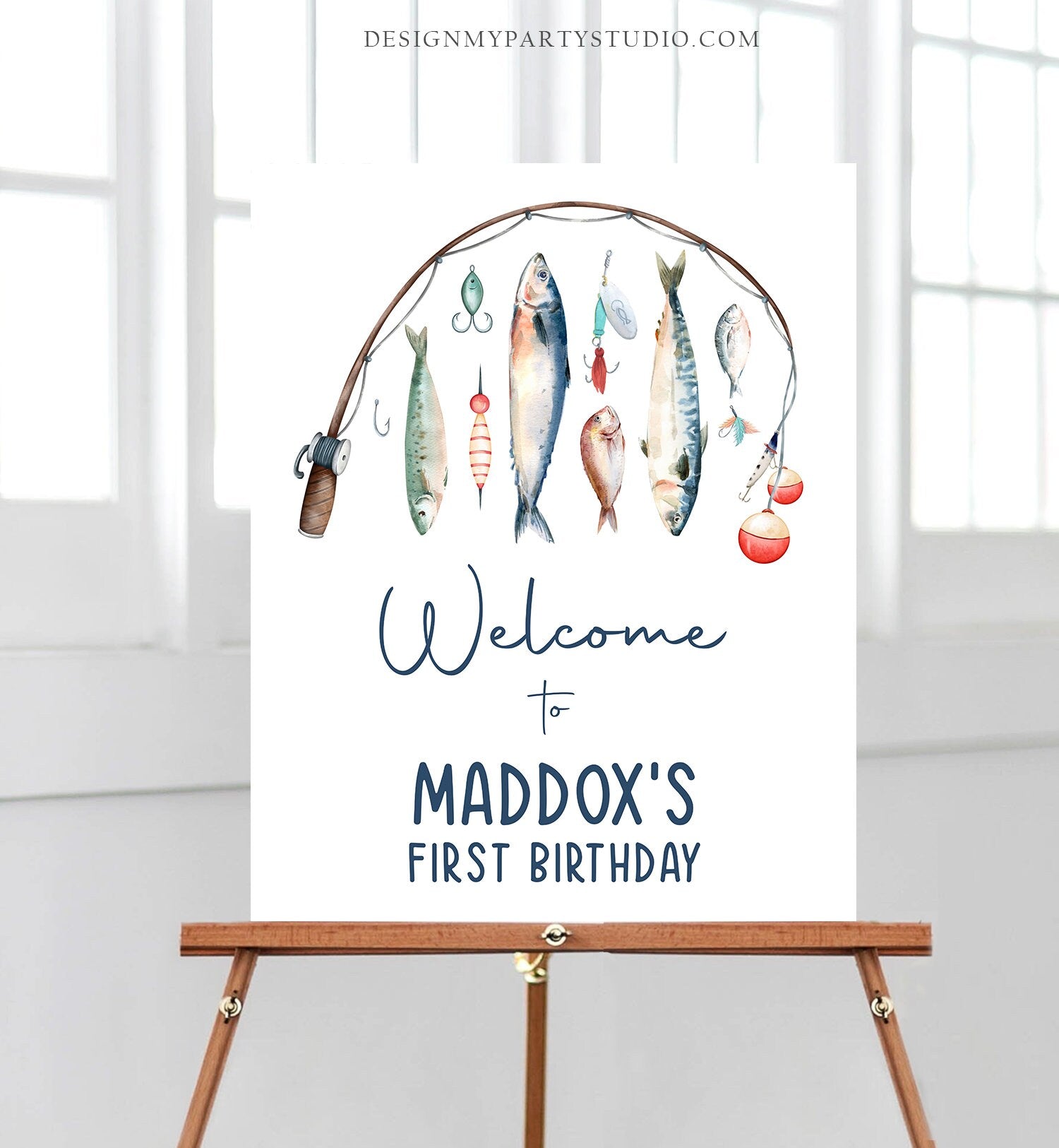 Editable Fishing Birthday Welcome Sign 1st Birthday Boy The Big One O-fish-ally Fishing Party Sign Fish Sea Template PRINTABLE Corjl 0454