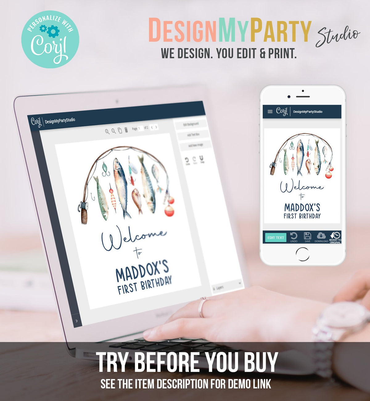 Editable Fishing Birthday Welcome Sign 1st Birthday Boy The Big One O-fish-ally Fishing Party Sign Fish Sea Template PRINTABLE Corjl 0454