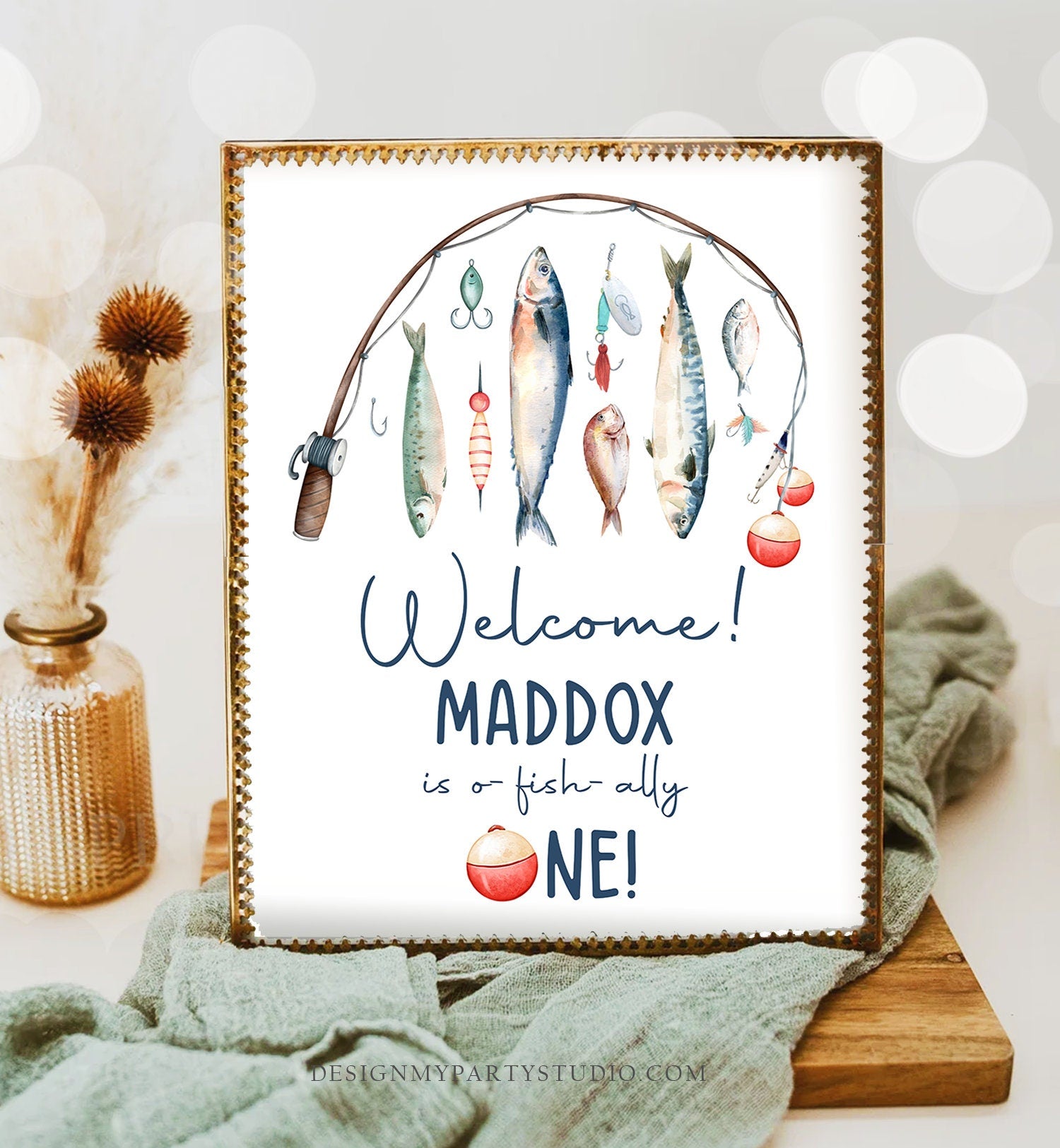 Editable Fishing Birthday Welcome Sign 1st Birthday Boy The Big One O-fish-ally Fishing Party Sign Fish Sea Template PRINTABLE Corjl 0454