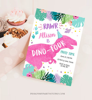 Editable Dino-Four Dinosaur Birthday Invitation Dino T-Rex 4th Birthday Fourth Rawr Girl Pink Dino Prehistoric Printable Corjl Template 0423