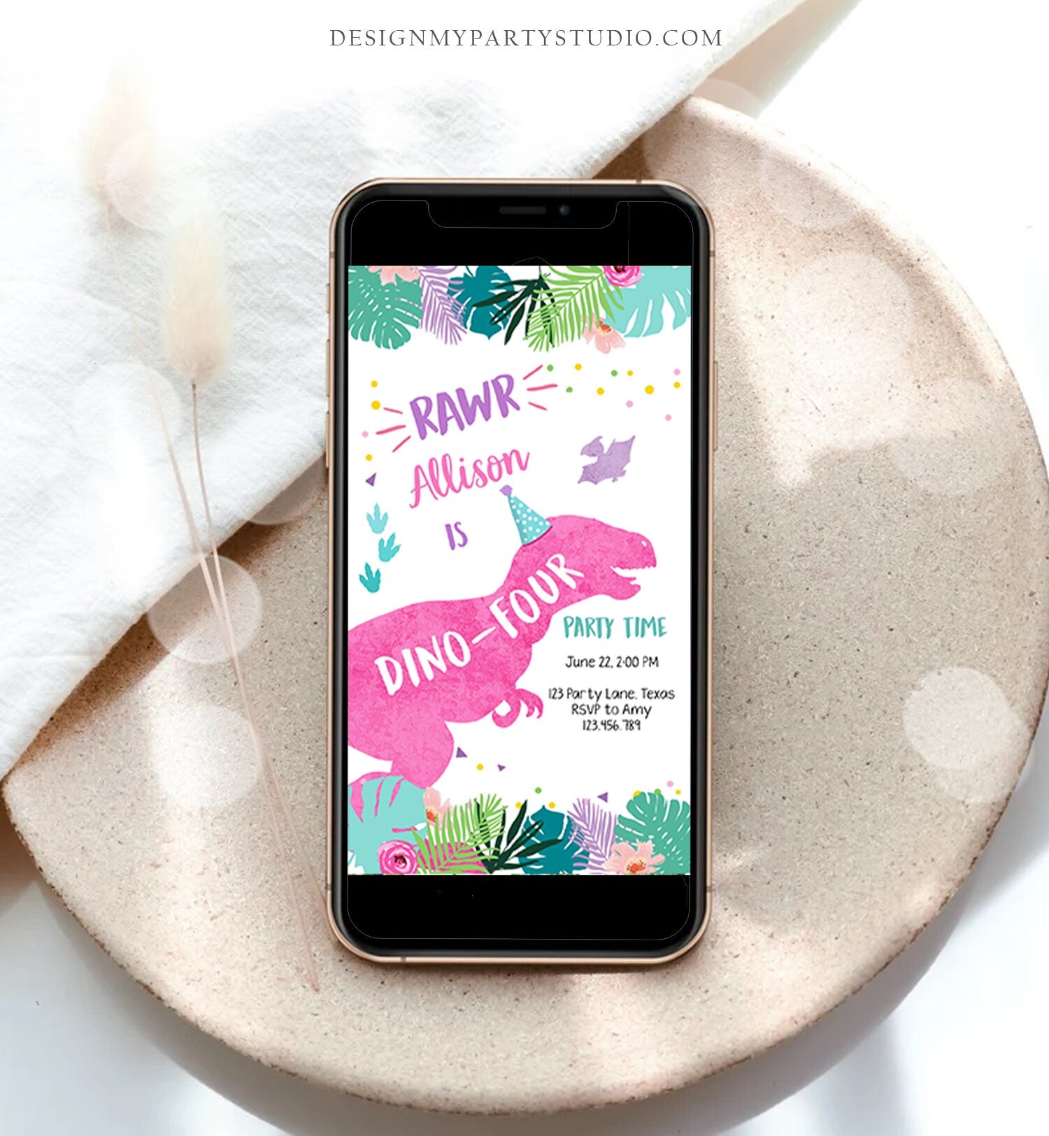 Editable Dino-Four Dinosaur Birthday Evite Dino T-Rex 4th Invitation Fourth Girl Pink Prehistoric Phone Digital Download Template 0423
