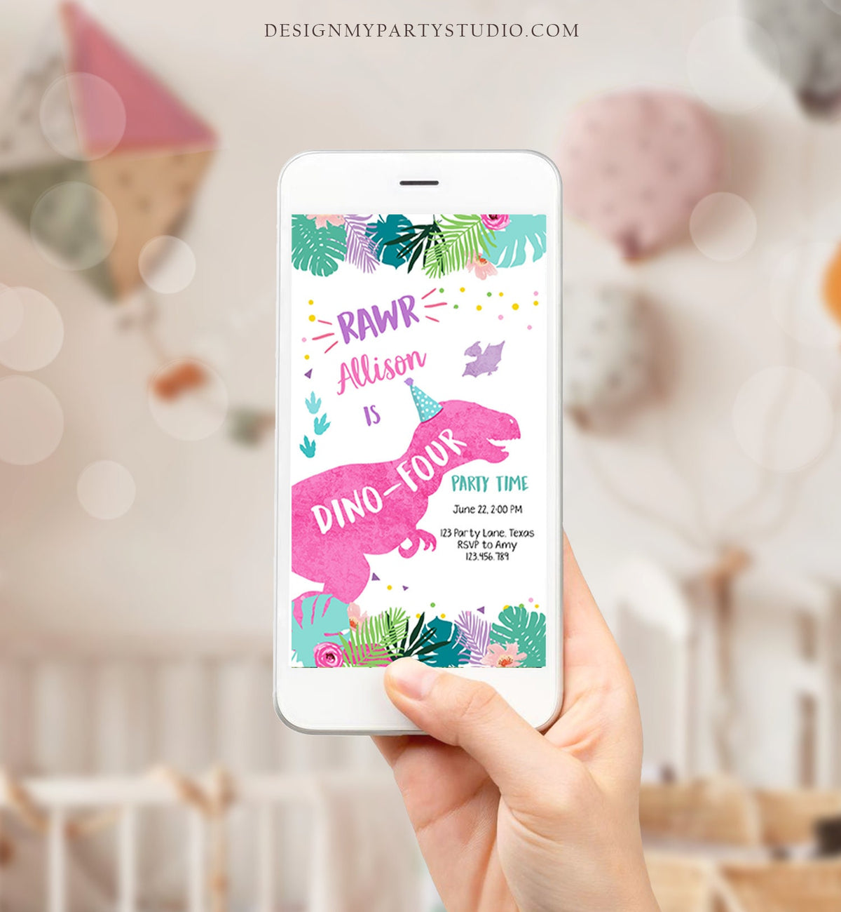 Editable Dino-Four Dinosaur Birthday Evite Dino T-Rex 4th Invitation Fourth Girl Pink Prehistoric Phone Digital Download Template 0423