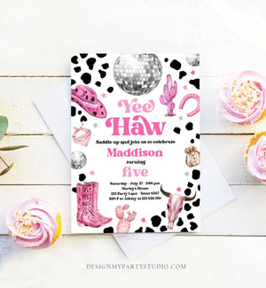 Editable Space Cowgirl Birthday Party Invitation Disco Cowgirl Invite Pink Girl Rodeo Country Digital Download Printable Template Corjl 0455