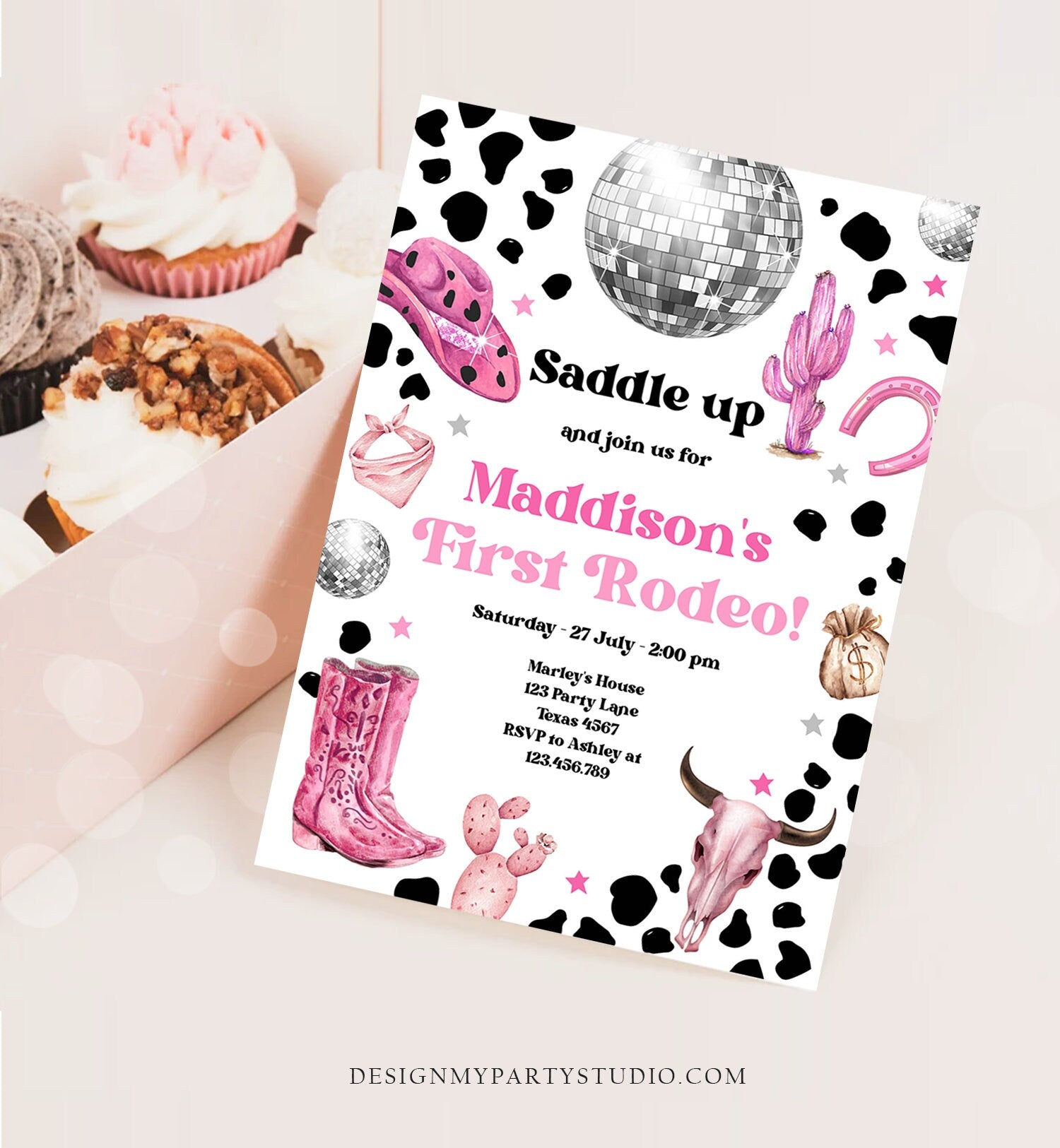 Editable Cowgirl Birthday Party Invitation Disco Cowgirl Invite Pink Girl First Rodeo Wild West 1st Download Printable Template Corjl 0455