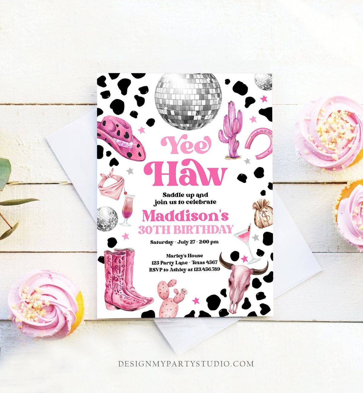 Editable Space Cowgirl Birthday Invitation Disco Cowgirl Invite Pink Girl Adult Birthday Wild West 30 Download Printable Template Corjl 0455