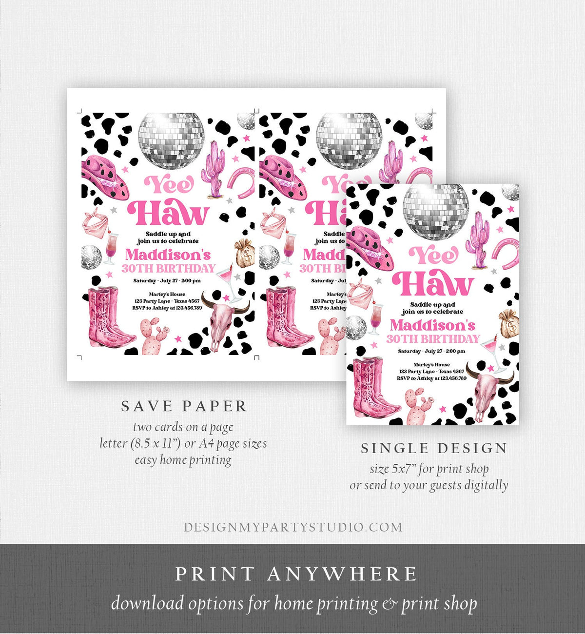 Editable Space Cowgirl Birthday Invitation Disco Cowgirl Invite Pink Girl Adult Birthday Wild West 30 Download Printable Template Corjl 0455