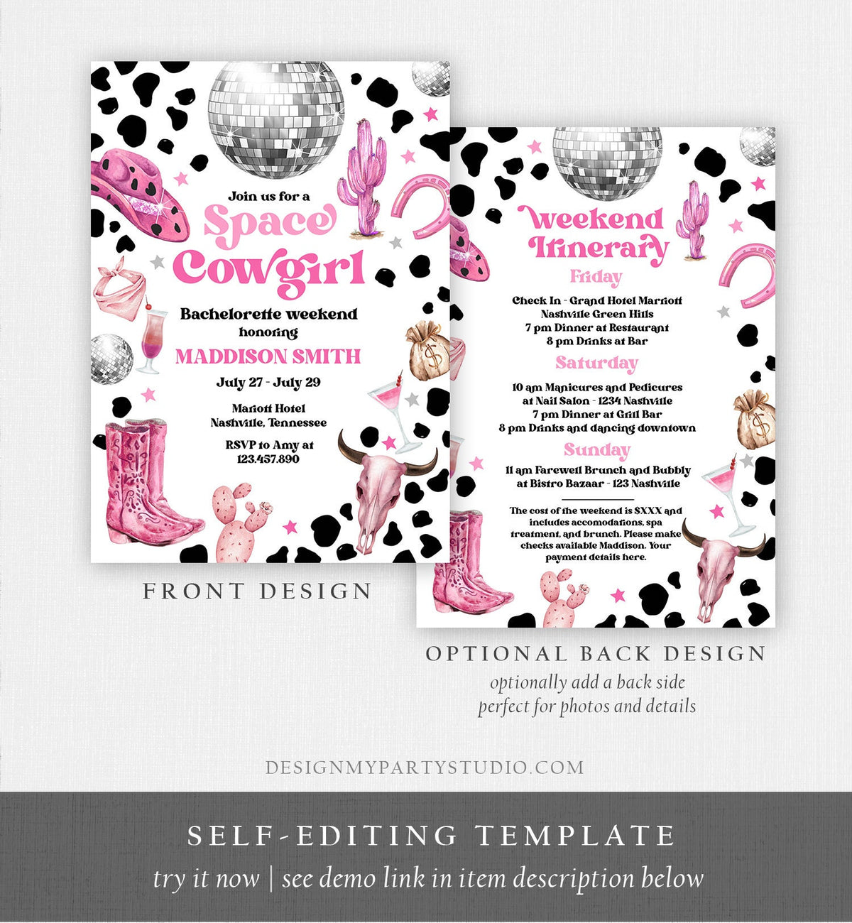 Editable Space Cowgirl Bachelorette Weekend Invitation &amp; Itinerary Last Rodeo Nashville Nash Bash Download Printable Template Corjl 0455