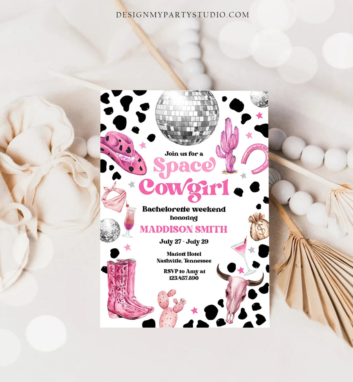Editable Space Cowgirl Bachelorette Weekend Invitation &amp; Itinerary Last Rodeo Nashville Nash Bash Download Printable Template Corjl 0455