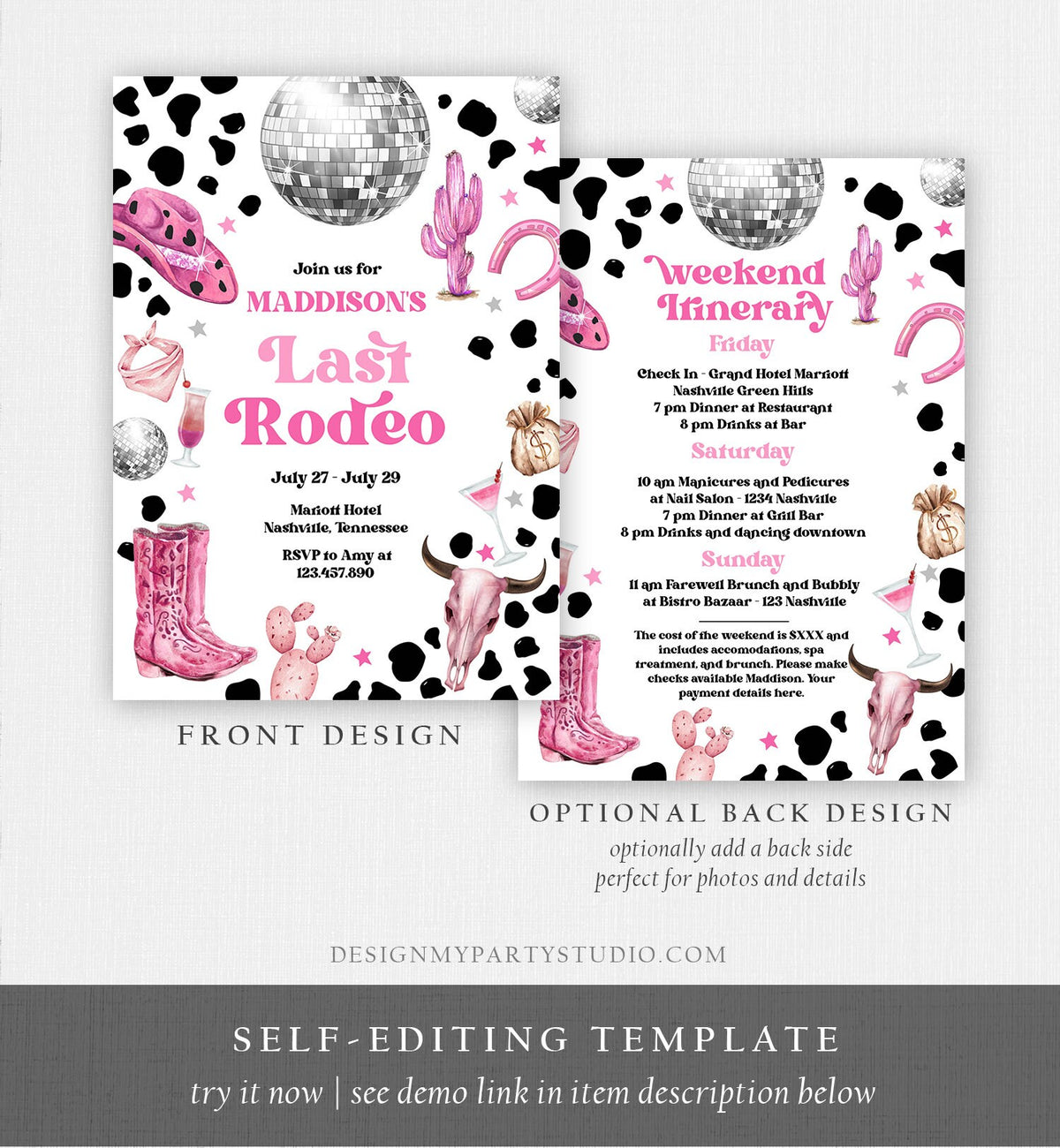 Editable Nashville Bachelorette Weekend Invitation Last Rodeo Invitation &amp; Itinerary Let&#39;s Get Nashty Download Printable Template Corjl 0455