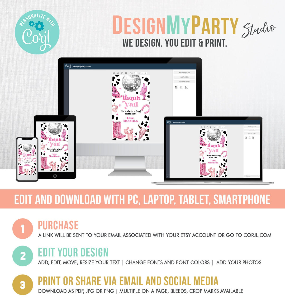 Editable Disco Cowgirl Birthday Favor Tag Nashville Party Gift Tag Pink Girl Rodeo Party Wild West Space Cowgirl Digital Corjl Template 0455