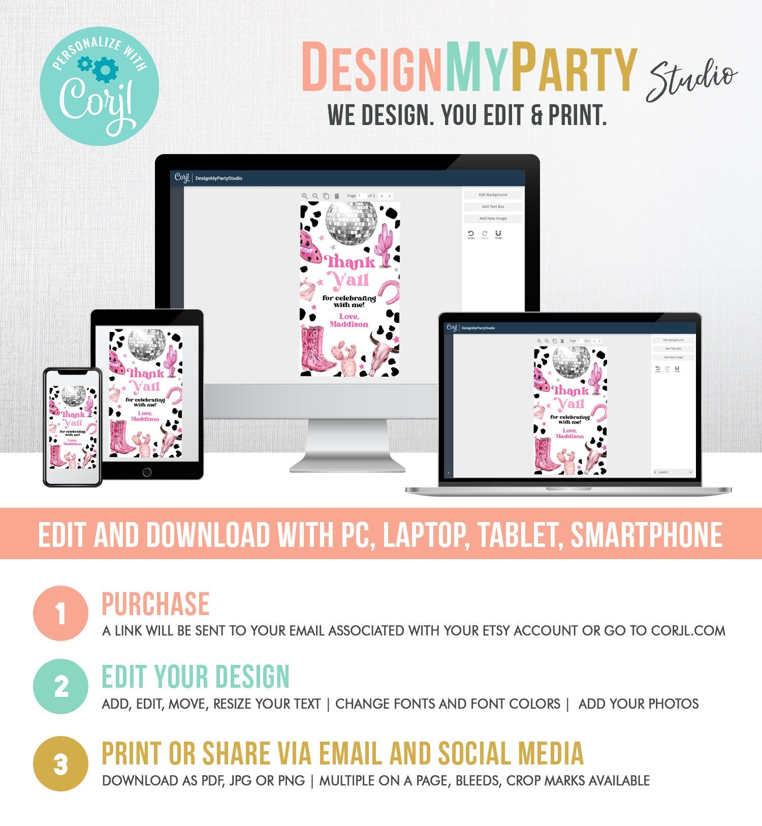 Editable Disco Cowgirl Birthday Favor Tag Nashville Party Gift Tag Pink Girl Rodeo Party Wild West Space Cowgirl Digital Corjl Template 0455