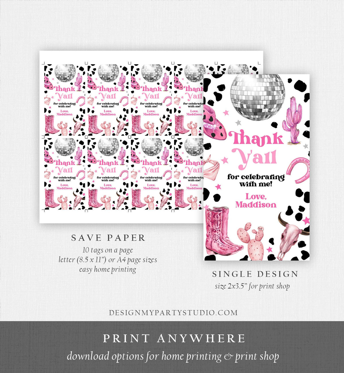 Editable Disco Cowgirl Birthday Favor Tag Nashville Party Gift Tag Pink Girl Rodeo Party Wild West Space Cowgirl Digital Corjl Template 0455