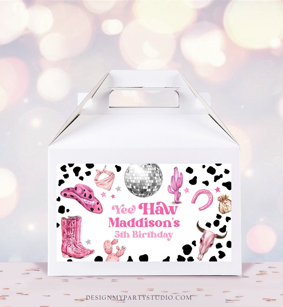 Editable Space Cowgirl Birthday Party Gable Box Favor Label Disco Cowgirl Gift Box West Nashville Rodeo Pink Download Printable Corjl 0455