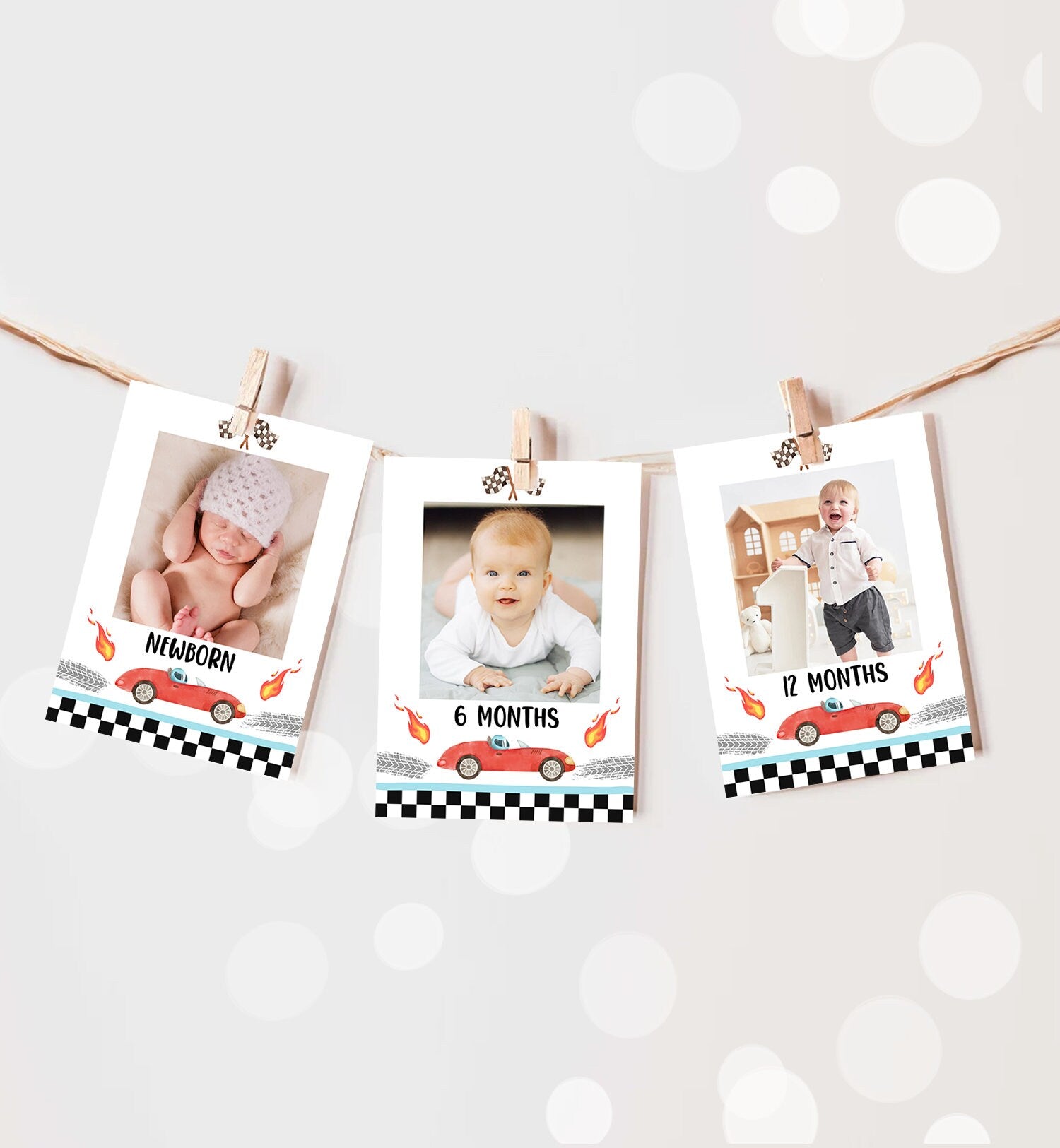 Editable Race Car Birthday Banner Monthly Photo Banner ANY AGE Growing Up Two Fast 2 Red Fast One 1st Download Corjl Template Printable 0424