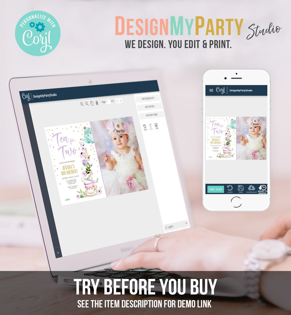 Editable Tea for Two Birthday Invitation Girl Tea Party Invite Pink Purple Floral Baby Shower Download Printable Template Digital Evite 0349