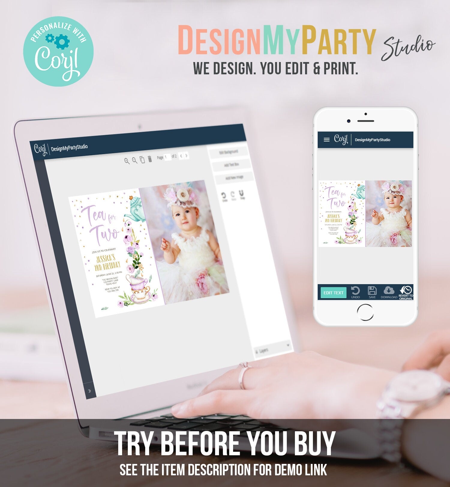Editable Tea for Two Birthday Invitation Girl Tea Party Invite Pink Purple Floral Baby Shower Download Printable Template Digital Evite 0349