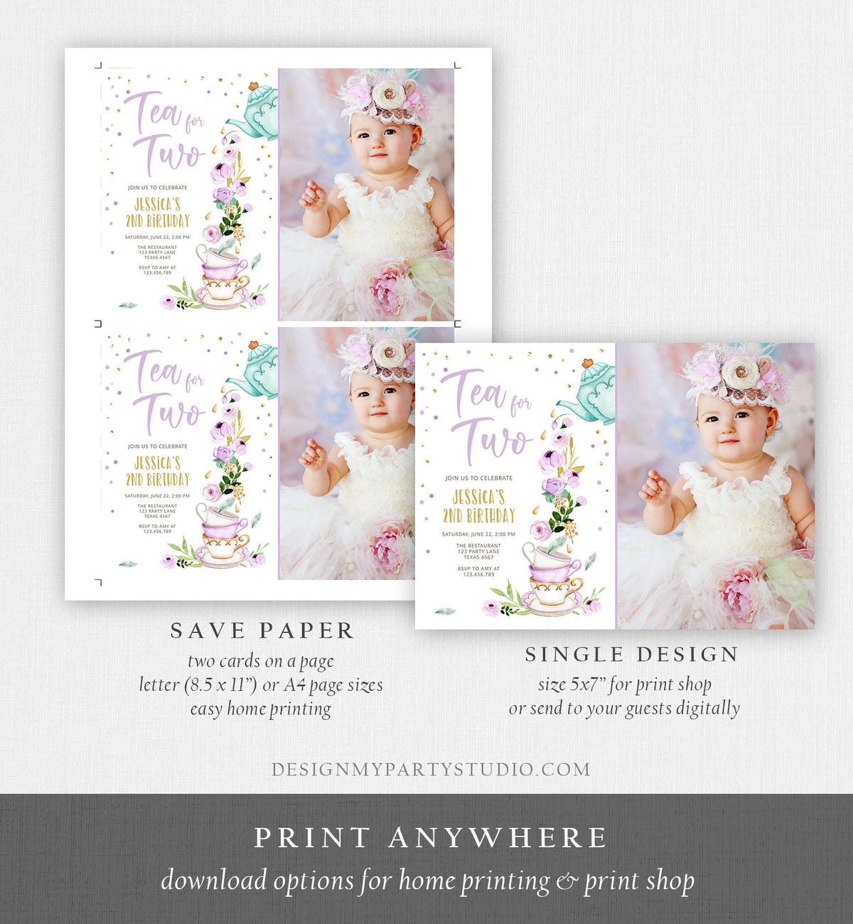Editable Tea for Two Birthday Invitation Girl Tea Party Invite Pink Purple Floral Baby Shower Download Printable Template Digital Evite 0349